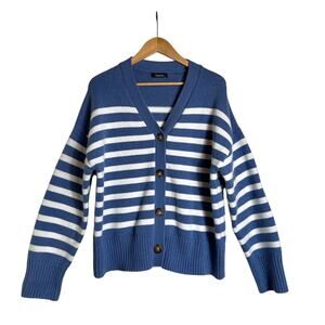 Blue White Striped Knit Cardigan XL Button Front Cozy Sweater